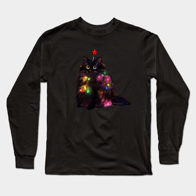 Christmas Lights Cat Long Sleeve T-Shirt by Catwheezie